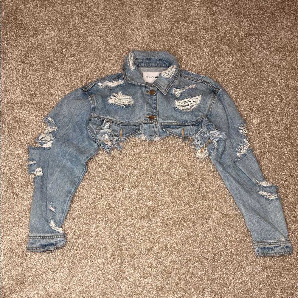 Fashion Nova Cropped Distressed Blue Jean Jacket